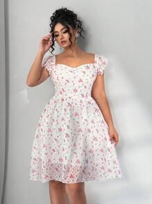 SHEIN Clasi Plus Size Women Scoop Neck Cap Sleeve Waist Drawstring Floral Jacquard Bohemian Holiday Mini Dress - Pink - View 5