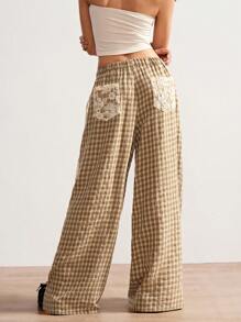 Bohemela Pantalones rectos casuales de mujer de tela escocesa trenzada - Caqui - Ver 6