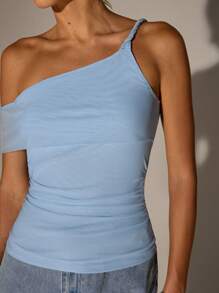 夏季女士浪漫/舞会/正式/生日/90 年代服装/商务休闲女士/优雅/西部服装/外出/时尚/休闲/Y2k 服装/俱乐部/办公室/鸡尾酒会/复古/紧身/狂欢节/有趣/优雅/老钱/街头服饰/度假/乡村音乐会/工作服/端庄/春假/单身女郎/音乐会/坏人/基本款/毕业/海滩度假/天蓝色不对称紧身弹力上衣 - 淺藍色 - 查看 7