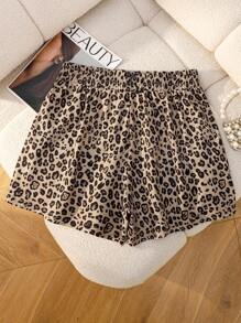 Lalippa Plus Size Women Leopard Print Elastic Waist Casual Versatile Shorts