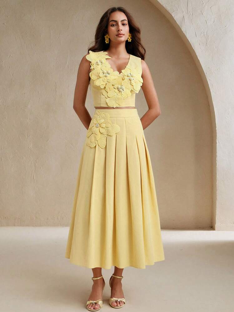 Anewsta Women Elegant 3D Flower Decor Camisole Top And Skirt 2 Pieces Set, Summer - Yellow - View 6