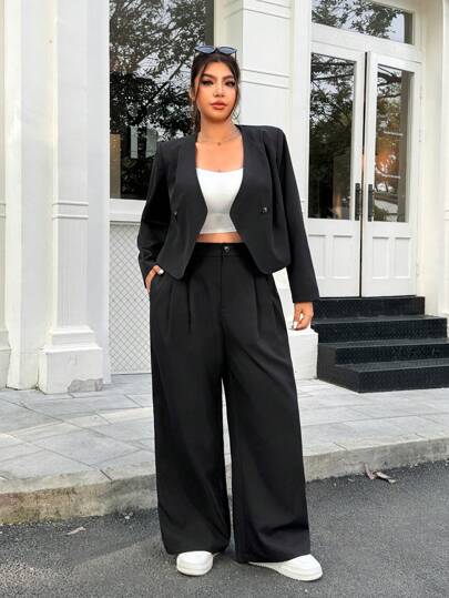 SHEIN EZwear Plus Size Women 2 Pieces Solid Color Double Breasted Long Sleeve Jacket And Pants Suit Set In Fall/Winter