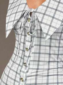 Athîral 女式格子前系带长袖纽扣门襟休闲连体裤 - 黑與白 - 查看 6