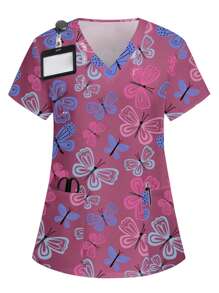 PopScrub Top de uniforme de scrub con diseño de mariposa colorida y lindo - Multicolor - Ver 5