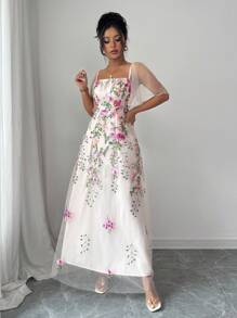 Elenzga 花卉刺绣网布拼布圆领短袖连衣裙 - 杏色 - 查看 7