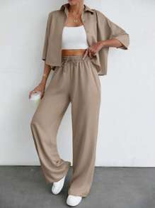 EURMUSE Women Two Pieces Shirt And Pant Set - Beige - View 6