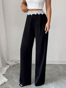 Elenzga Women's Lace Patchwork Elegant Straight-Leg Pants, Office Wear