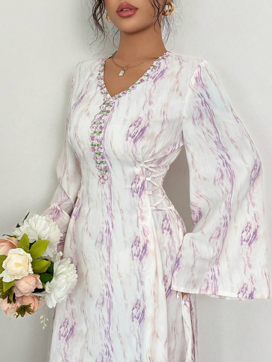 Yasmyna 女士紫色扎染印花拼接缎带领系带A字长袖阿拉伯连衣裙 - 紫色 - 查看 1