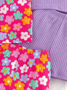 Girls Valentine's Day Heart Pattern Rib Camisole Top + Casual Shorts Set Cute Girls Sets Summer Girls Sets Cute Summer Sets Flower Set Summer Outfit Kids 3 Piece Set Girls Summer Cute Girls Summer Sets Girls Summer Outfits Kids Summer Outfits Flower Girl Summer Set, School, Campus, College - Multicolor - View 4