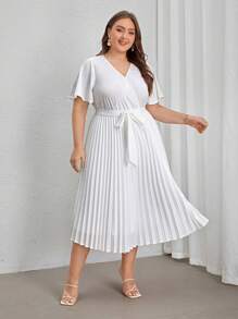 SHEIN Privé Váy midi buộc dây xếp ly màu trắng thanh lịch, thích hợp khi đi làm, du lịch, mua sắm - trắng - Xem 3