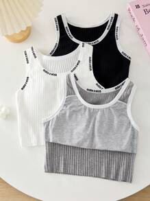 SHEIN Genkimix Kids 3 件套青少年女孩罗纹字母图案衬垫吊带背心，休闲基本款