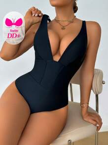 Swim DD+ Solid Color Sexy One-Piece Swimsuit For Beach/Resort For Summer Beach Vacation - Black - View 7