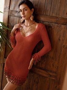 MOTF PREMIUM PLUNGING NECK LAYERED FRINGE HEM COVER UP DRESS FOR SUMMER BEACH VACATION - Brown - View 7