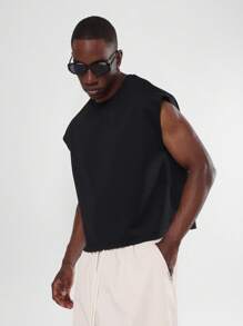 SUMWON 优质无袖背心，毛边短款肌肉型街头服饰必备夏季节日背心 - 黑色 - 查看 6