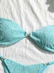 Swim Vcay 2pcs/Set Summer Vacation Textured Fabric, Spaghetti Strap Gold Decor Strapless Bra And Bikini Swimwear Set For Women, Sexy - Mint Blue - View 3