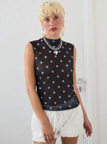 COUREZ Loose Fit Sheer Mesh Flower Polka Dot Print High Neck Top /Fall Clothes Winter Clothes Y2K Cute Tops Going Out Tops Going Out Outfits Graphic Tees
