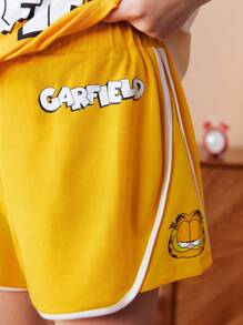 GARFIELD | SHEIN Bộ 2 áo phông sọc họa tiết hoạt hình dễ thương mùa hè cho bé gái tuổi teen và quần short, năng động - Màu vàng - Xem 6