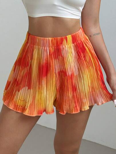 Firerie Women's Casual Elegant Vacation Beach Elastic Waist Pleated Textured Fabric Loose Shorts With Colorful Prints, Suitable For Airport, Travel, Going Out