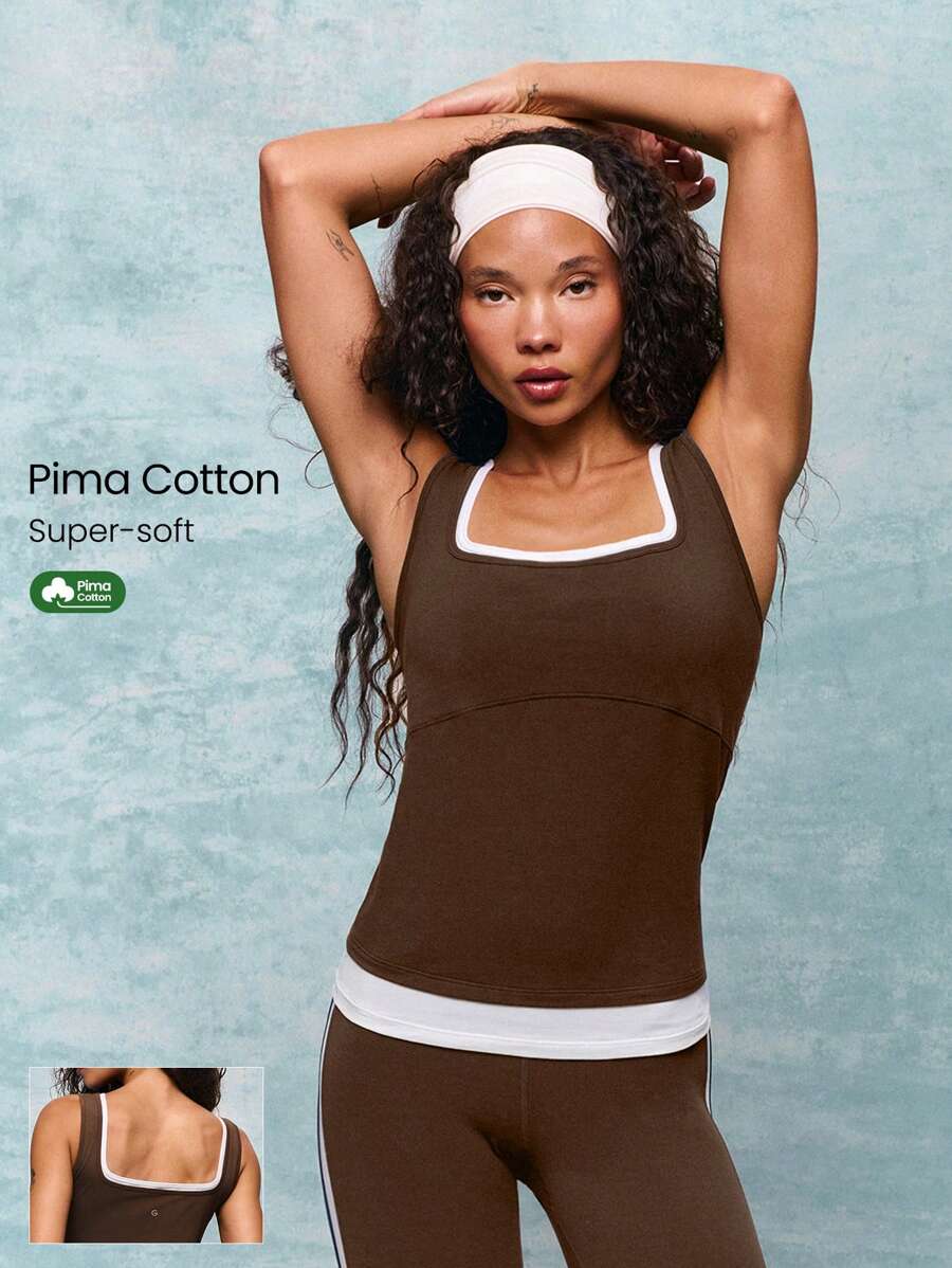 GLOWMODE Pima Cotton Layer Up Soft Stretchy Lightweight Contrast Color Square Neck Double Layer Strappy Cami Tank Top Low Impact Yoga Pilates Studio Gym Daily - Chocolate Brown - View 1
