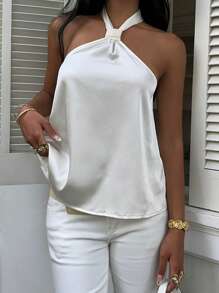 MainGRL 女式夏季优雅白色缎面露背上衣 - 白色 - 查看 6