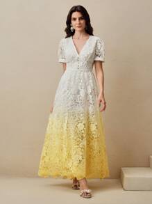 Anewsta Neues elegantes Kleid mit V-Ausschnitt, wasserlöslicher Spitze und Farbverlauf-Effekt, Sommerkleidung für Frauen, buttergelb