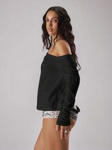 MUSERA 不对称露肩露背长袖针织宽松上衣，适合假日、度假、伊比沙岛、音乐节、锐舞派对、酷女孩、落难派对、夜店派对等场合，春夏皆宜。 - 黑色 - 查看 2