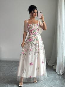 Elenzga 花卉刺绣网布拼布圆领短袖连衣裙 - 杏色 - 查看 4