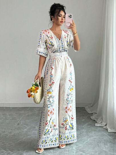  Elenzga V 领法式复古图案宽松优雅女式连体衣，适合度假/波西米亚/浪漫花卉/节日装