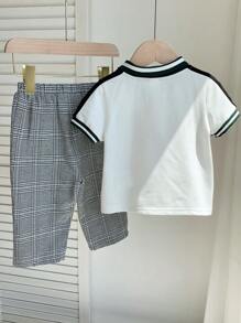 TaviRue 2 件套男婴可爱都市校园休闲短袖 Polo 衫和松紧腰格子裤套装，适合生日派对、晚会、表演、婚礼、迎婴派对、洗礼、1 岁生日