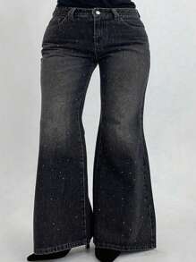 Dazy Plus Washed Black Distressed Elastic Slim Fit Jeans With Sequin Decor Flare Leg - Black - View 7