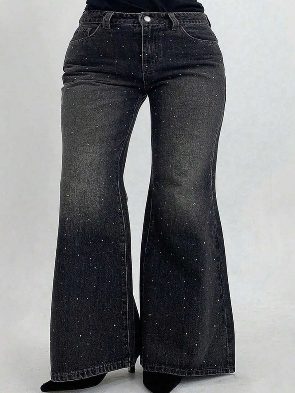 Dazy Plus Valentine Washed Black Distressed Elastic Slim Fit Jeans With Sequin Decor Flare Leg