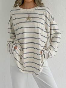 SHEIN EZwear Women's Crew Neck Long Sleeve Striped Simple Casual Blouse For Daily Wear - Apricot - View 4