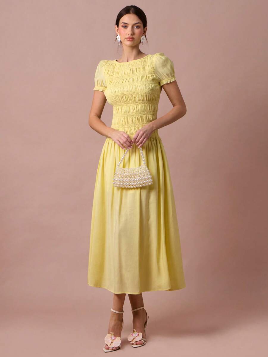 Enchnt Váy xòe nhún bèo màu trơn đơn giản cho nữ, mùa hè - Màu vàng - Xem 1