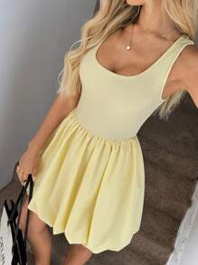 SHEIN LUNE Light Yellow Cute Bubble Skirt For Women, Spring/Summer Sundresses For Vacation - Yellow - View 1