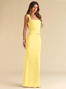 SHEIN BAE 夏季海滨度假纯色酒红色节日方领弹力上衣套装裙套装音乐节服装乡村音乐节服装演唱会服装返校季服装婚礼伴娘服装婚礼季服装 - 黃色 - 查看 6