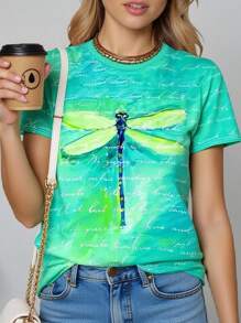 SHEIN LUNE Women's Slim Fit Casual 3D Dragonfly Printed Short Sleeve T-Shirt, Fashion Harajuku Style Tee, Summer