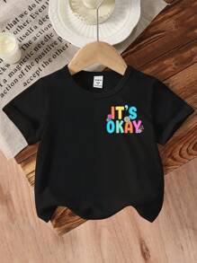 年轻女孩“没关系”彩虹、蝴蝶、星星、雏菊、樱桃印花圆领短袖可爱黑色 T 恤