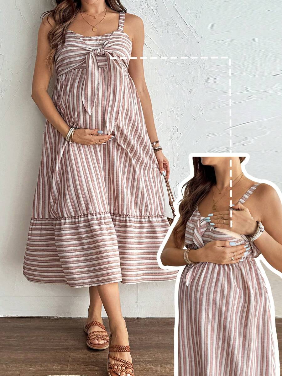 SHEIN 女士条纹印花系带无袖哺乳孕妇装，适合日常穿着 - 彩色 - 查看 1