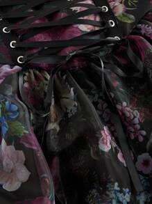 SHEIN MOD Vestido de malla con parte frontal corta y parte trasera larga, busto fruncido, estampado floral romántico y vintage, cintura con lazo, para tallas grandes