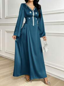 Al Najma Đầm dài tay cổ chữ V thanh lịch đính đá trang trí phong cách Ả Rập cho nữ - Màu xanh lam - Xem 6