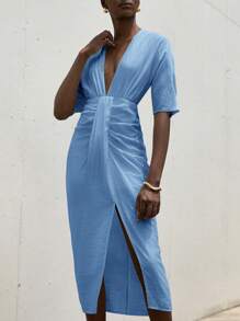 Aveloria Modichic Vestido midi ajustado fruncido con escote en V, de manga larga para mujer - Azul - Ver 6