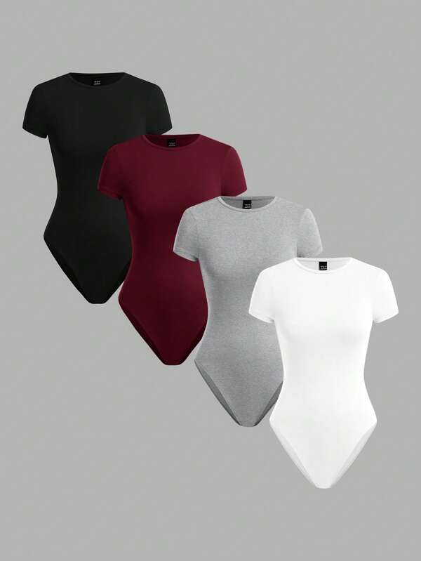 SHEIN BASICS 4 Stücke/Set lässige einfarbige gestrickte Rundhalsausschnitt Kurzarm körpernahe Damen Body-Anzüge