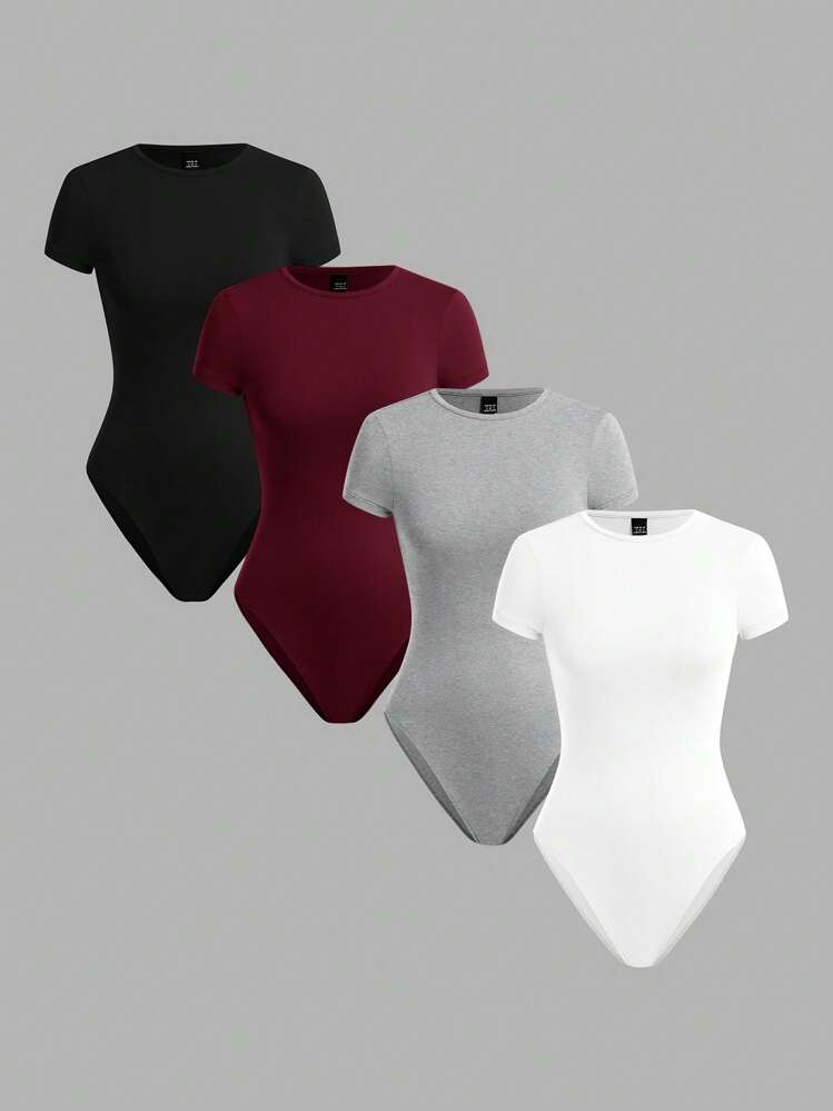 SHEIN BASICS 4 pièces/Set Bodys moulants femme à col rond manches courtes en tricot de couleur unie décontracté