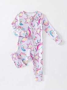 Baby Girl Casual White Starfish & Shell Sea Life Digital Print Long Sleeve Zipper Bodysuit - White - View 3
