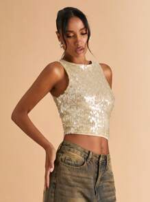 SHEIN BAE Women's Solid Color Sequin Cropped Fitted Glam Camisole - Apricot - View 5