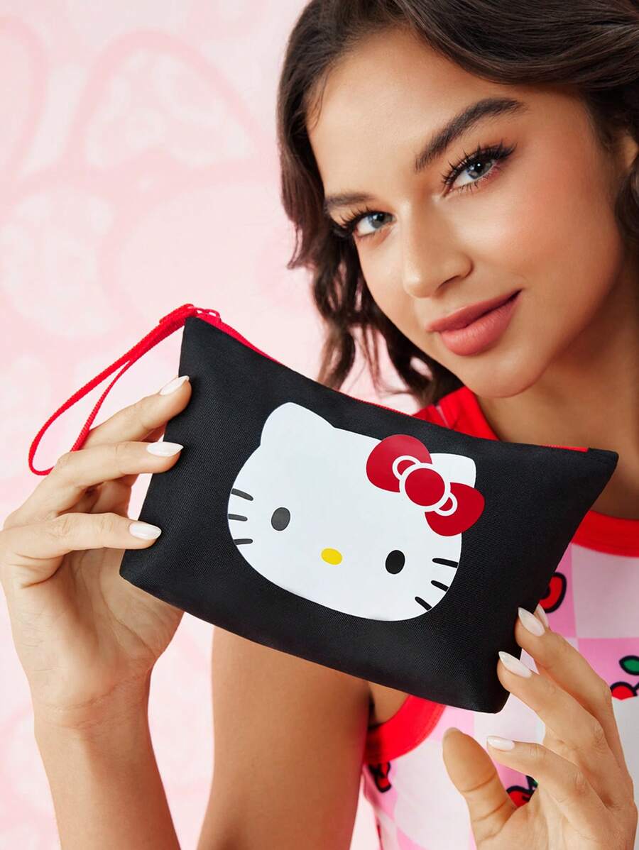 HELLO KITTY AND FRIENDS | SHEIN 1个可爱卡通印花轻便化妆包,非常适合收纳化妆品、文具、日用品、数码产品等,通勤、上学、旅行皆宜,男女老少皆可佩戴,猫咪图案 - 黑色 - 查看 1