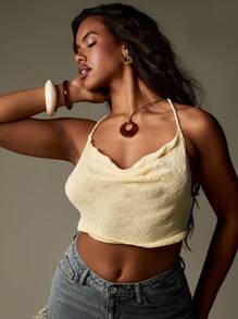 MISSGUIDED 串珠装饰针织挂脖背心夏季节日短款上衣波西米亚风海滩度假围脖领毛衣背心 - 黃色 - 查看 7