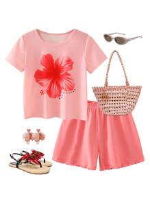 2 件套年轻女孩优雅花卉印花短袖 T 恤上衣和短裤套装，休闲舒适女孩夏季套装夏装套装青少年夏季服装套装女孩夏季服装女孩夏季服装花朵套装夏季服装儿童女孩夏季服装女孩度假服装青少年服装套装 - 粉色 - 查看 4