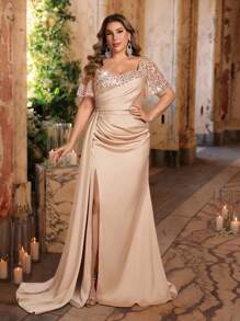 Glamrae 优雅闪亮亮片装饰网眼袖褶饰美人鱼晚礼服，开衩，奢华缎面拼接，适合婚礼、派对、度假、舞会，加大码 - 香檳色 - 查看 1