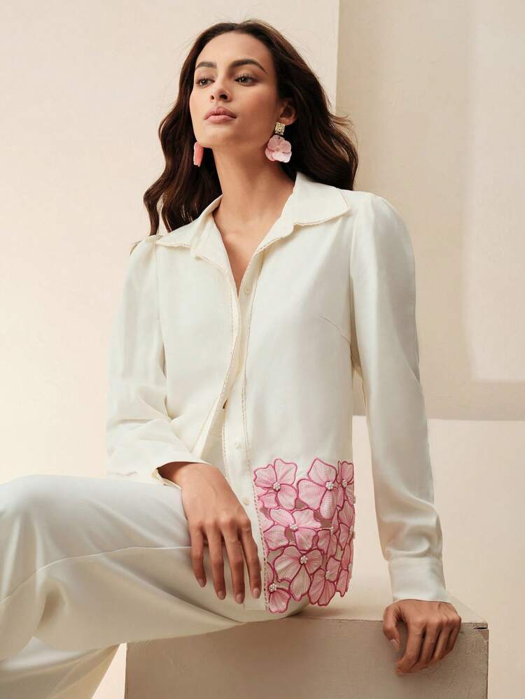 Women's Fashionable Embroidered Long Sleeve Collared Shirt